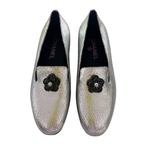 Chanel silver crackled leather interlocking CC Camelia Smoking slipper size 38 - Picture 1 of 11